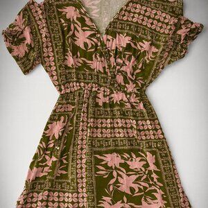 MeeNew Womens Boho Floral Wrap Dress Medium Green Pink Short Sleeve NWT-I091